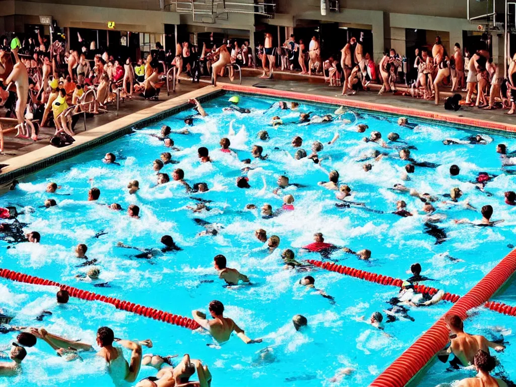 Prompt: a perfect photograph of a train crashing through a crowded swimming pool. sponsored by nike