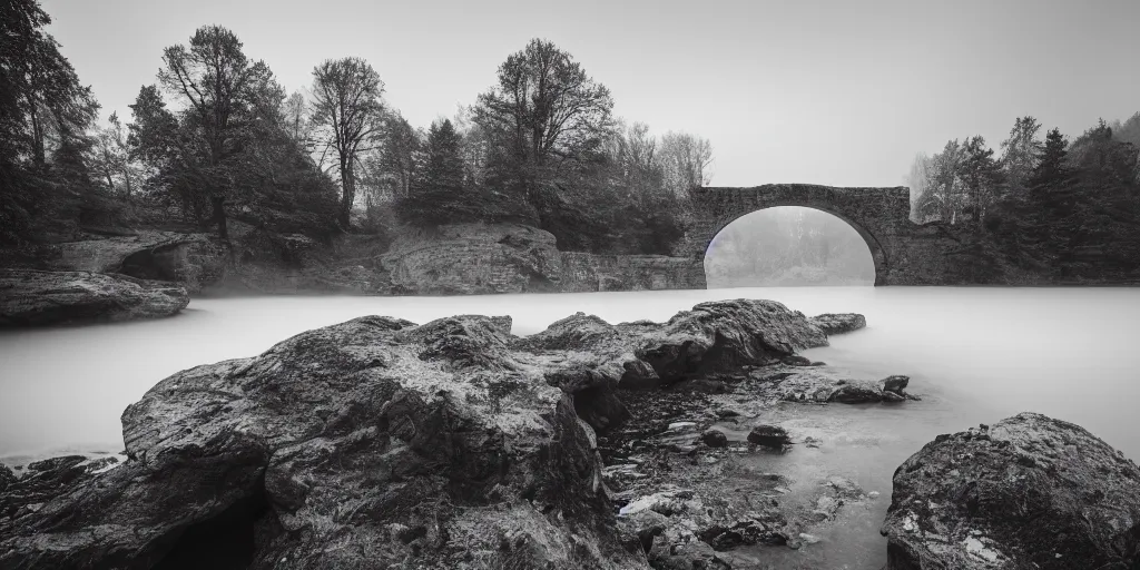 Image similar to still long exposure masterpiece photography of an antic arch bridge, emerging from the lake water, lomography, monochromatic, light blue shift, mist