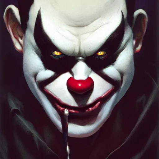 Image similar to 4k headshot portrait of Spawn clown from Macfarlane comics by Craig Mullins, ilya kuvshinov, krenz cushart, epic , artgerm trending on artstation by Edward Hopper and Dan Mumford and WLOP and Rutkovsky, beksinski carl spitzweg moebius and tuomas kocar, intricate artwork by caravaggio, Unreal Engine 5, Lumen, Nanite , 4K headshot of godlike clown with defined arms and open hands and bloody clothes with giant mandala wings , intricate face , flawless anime cel animation by Kentaro Miura, psychedelic , highly detailed upper body , professionally post-processed , beautiful, scary, symmetry accurate features, epic, octane rendered, anime masterpiece, accurate