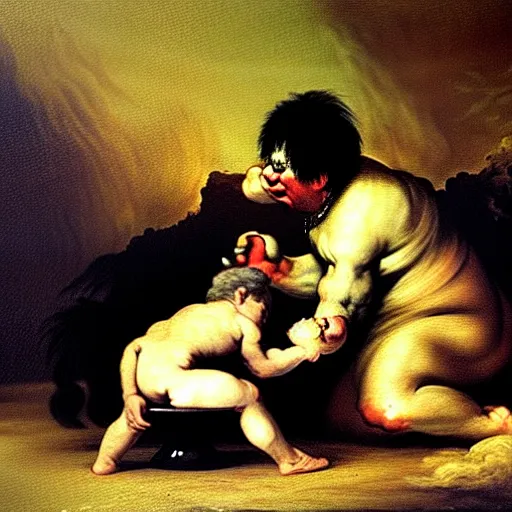 Image similar to a dramatic oil painting of Elmo devouring his son by Francisco Goya