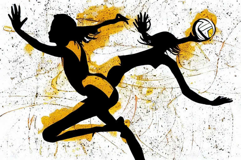 Image similar to beautiful serene volleyball player, healing through motion, life, minimalistic golden and ink airbrush painting on white background