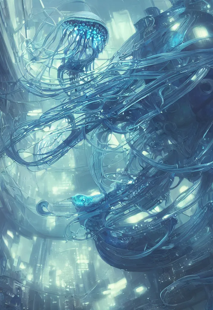 Image similar to Panorama hyper detailed painting of a cyberpunk jellyfish, blue tones, underwater, 8 mm, highly detailed, digital painting, artstation, concept art, smooth, sharp focus, illustration, art by artgerm and greg rutkowski and alphonse mucha