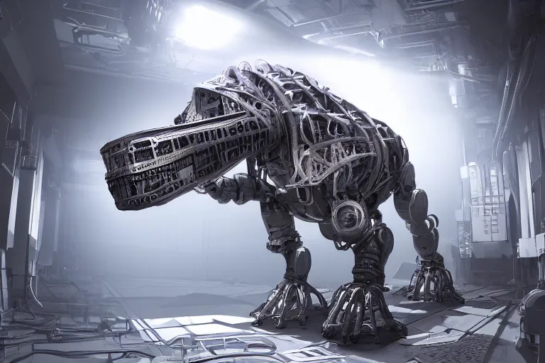 Prompt: robosaurus parallax datacenter server room interior single mono colossus white rusty robot sitting artstation cinematic detailed concept art ultra realistic volumetric light sharp coherent cgsociety symmetric perfect well balanced shadows lotr technogoddess sidwill diodes emitting blinking