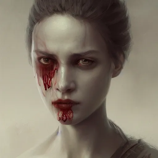 Image similar to portrait of a woman, sad, cry, gloomy, bloody, intricate, elegant, highly detailed, digital painting, artstation, concept art, matte, sharp focus, illustration, octane render, unreal engine, art by aenaluck and roberto ferri and greg rutkowski, epic fantasy, digital painting