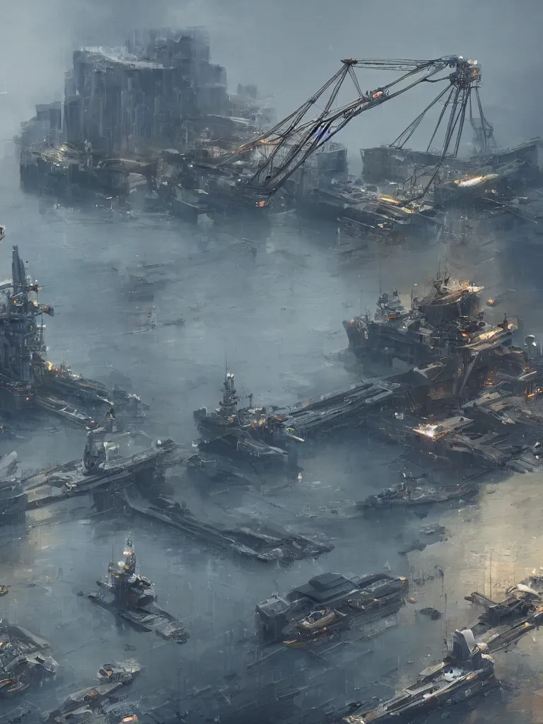 Image similar to a science fiction harbour, gigantic crane, james paick, trending on artstation