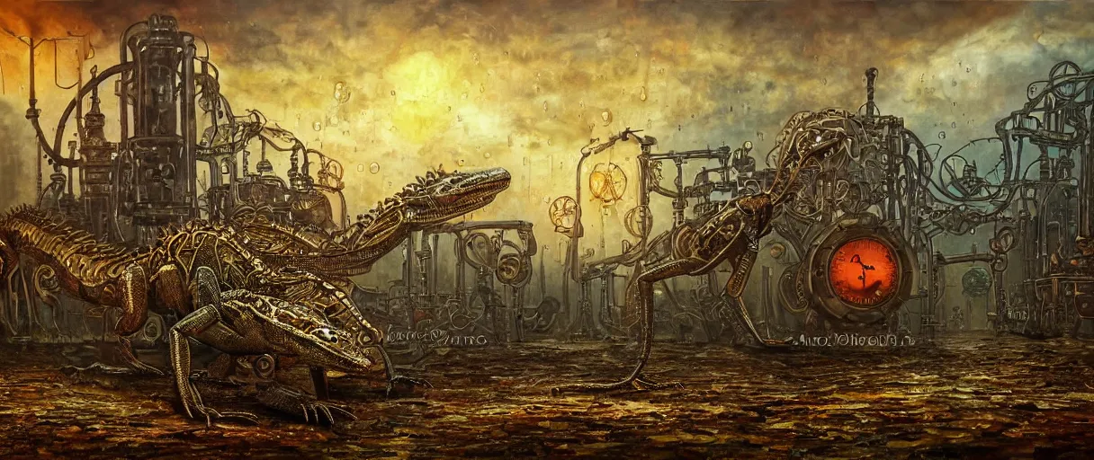 Image similar to beautiful oil painting of a mechanical lizard in a steampunk world, gears, misty, moody, rusty, sunset, rain