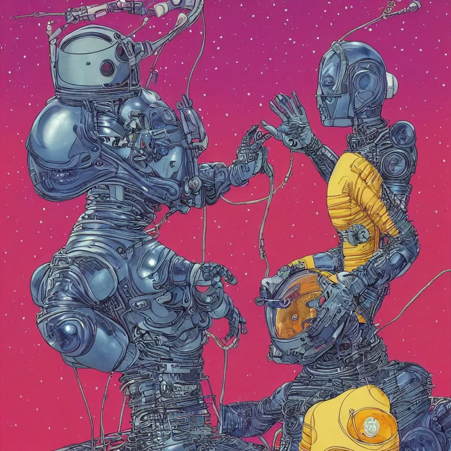 Image similar to ( an alien king and an astronaut talking face to face, overdetailed art, colorful, record jacket design ) by mœbius