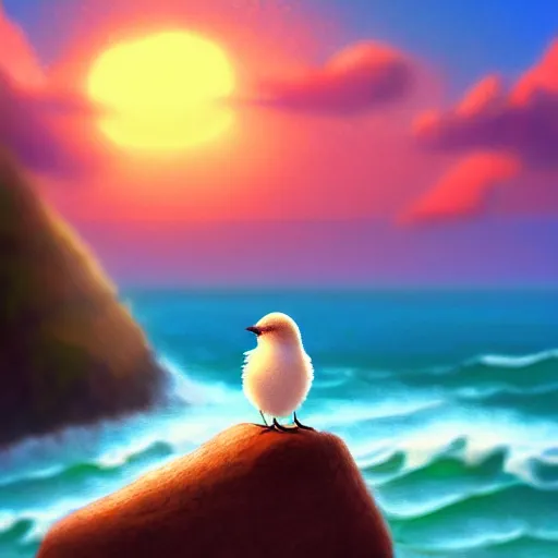 Image similar to ilustration a cute little bird perched on a rock watching the ocean and the waves with their foam, the sky with fluffy clouds and makes a warm light, sharp focus, highly detailed, artstation