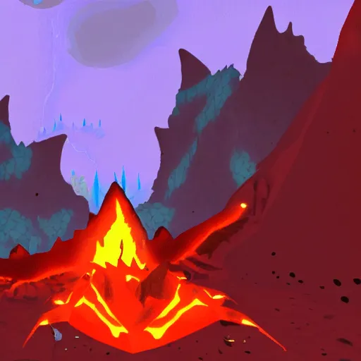 Image similar to TzKal-Zuk at the Inferno, old school runescape, lava river, magma, large shield of magma, obsidian pillars