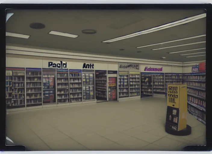 Image similar to polaroid photograph of an empty blockbuster store, liminal space, familiar place, mannequins, black mold, amateur, unreal engine, photorealistic, trending on artstation