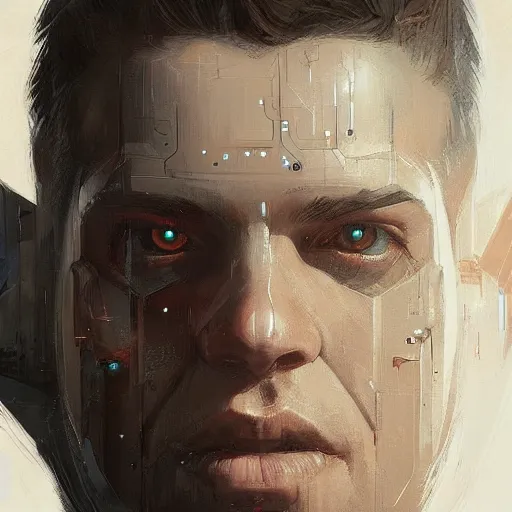 Image similar to Portrait of a man by Greg Rutkowski, symmetrical face, a young man using a VR headset, with a crooked smile, highly detailed portrait, scifi, digital painting, artstation, book cover, cyberpunk, concept art, smooth, sharp foccus ilustration, Artstation HQ