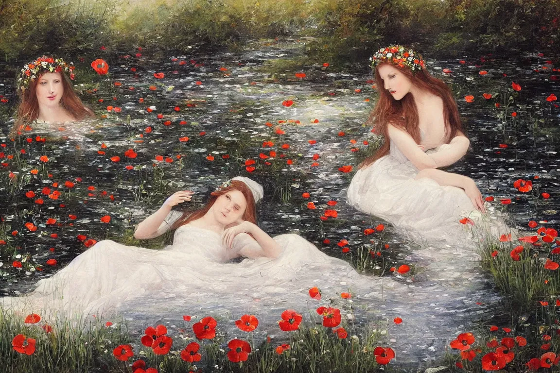 Prompt: Beautiful woman lying in a water stream. Flowers in hand. white dress, light red long hair. Apathetic, pale. Poppies means death, daisies innocence and pansies love in vain.The painting was regarded in its day as one of the most accurate and elaborate studies of nature ever made. The background was painted from life by the Hogsmill river in Surrey. Naturalistic. Painting by John Everett Millais.