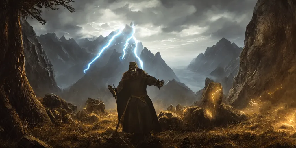 Prompt: mage in skyrim with spells in hand, black robes, iron mask and a beard, sunny day, light rays, dramatic lighting, very detailed, mountains, lightning storm, 4 k, by greg rutkowski