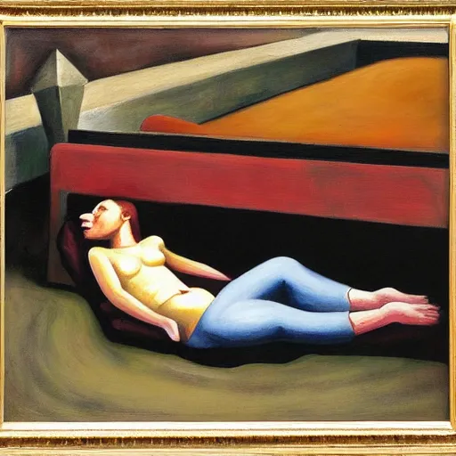 Image similar to people sleeping on slabs, dystopian, pj crook, edward hopper, oil on canvas