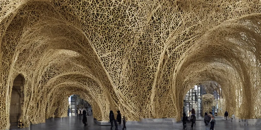 Prompt: knitting gold arch architecture by giger alien