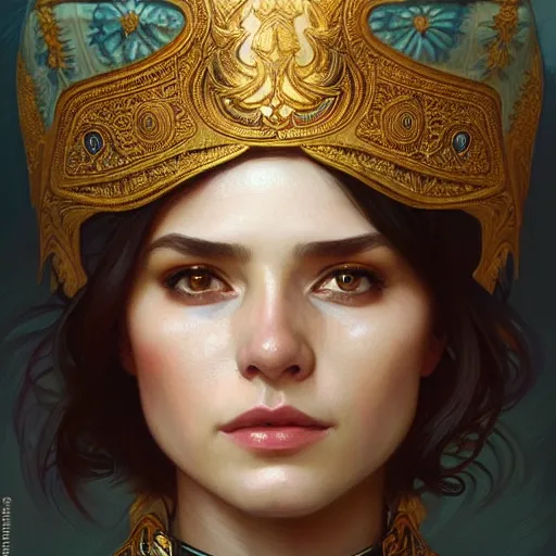 Image similar to a portrait of a female cop, upper half portrait, decorated with russian motifs, russian shaman, siberia, traditional russia, intricate, elegant, highly detailed, symmetry, headpiece, digital painting, artstation concept art smooth sharp focus, illustration, art by artgerm and greg rutkowski alphonse mucha 8 k