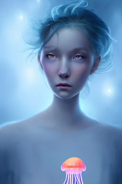 Image similar to Bioluminescent jellyfish, Her breath shot a haze of steam out into the frosty morning air concept, soft light, soft mood, realistic body features and face, illustration, painting oil on canvas by Elena Zhurikhina and Goro Fujita and Charlie Bowater, octane render trending on artstation, 4k, 8k, HD