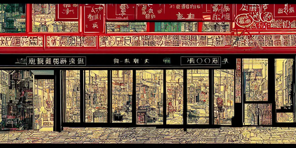 Prompt: a shop window in hong kong, by dan mumford and peter doig and edward hopper, minimal, black ink, line brush, highly detailed, muted colours, overlaid with chinese adverts, 8 k