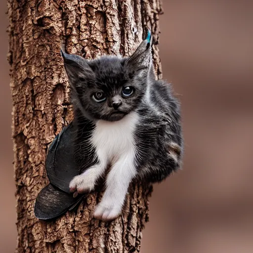 Image similar to a bat kitten, in a tree, Canon EOS R3, telephoto, very detailed, 4k