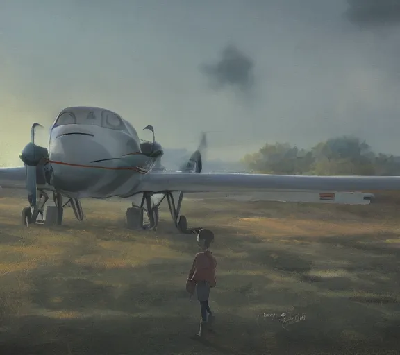 Image similar to people near the plane at the airfield, the view from the drone, portrait, close view, painting by craig mullins, octane rendering, soft morning lighting, wide angle lens, in the style of hayao miyazaki, trending on artstation,