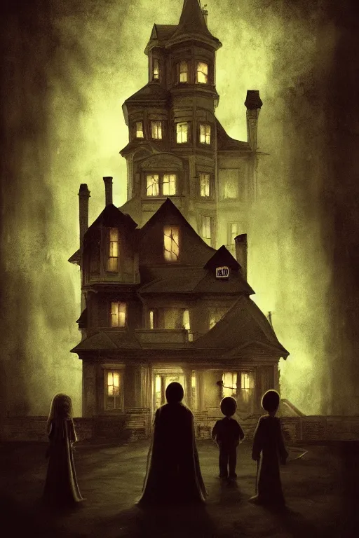 Prompt: an unsettling old colored family photograph, anxious people standing in a large haunted house, phantom ghosts in the background, cinematic, horror, photorealistic, vintage, artstation, painterly, expressive