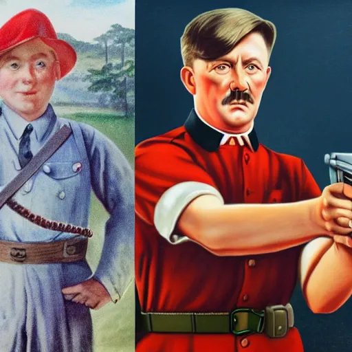 Image similar to back to back picture of a farm boy holding a red gun pointing at adolf hitler who is wearing a woman's dress, realism, 4 k, award winning photograph