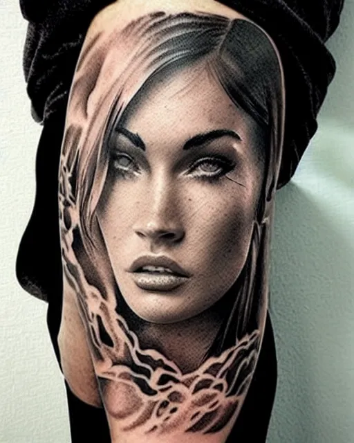 Image similar to creative double exposure effect tattoo design sketch of megan fox faded in beautiful mountain scenery, realism tattoo, in the style of matteo pasqualin, amazing detail, sharp