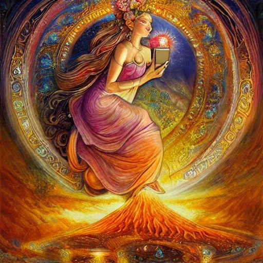 Image similar to goddess by josephine wall, goddess riding ram, flying ram, golden ram, goddess checking her phone, erupting volcano in distance, flowers in foreground, sun setting on right side of image, stars in sky on left side of image, trending on artstation, fantasy, intricately detailed