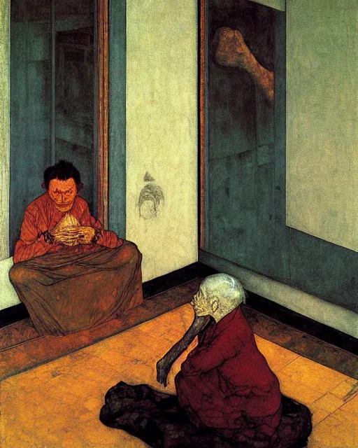 Prompt: early color photo of an old dead couple sitting in a living room in an old apartment and a man is looking through a window,  Beksinski impasto painting, part by Egon Schiele and Gerhard Richter. art by Francisco Goya and Takato Yamamoto,  Francis Bacon masterpiece