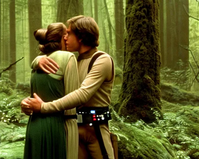 Image similar to luke skywalker, princess leia and han solo hugging and kissing in the forest of endor at the end of return of the jedi