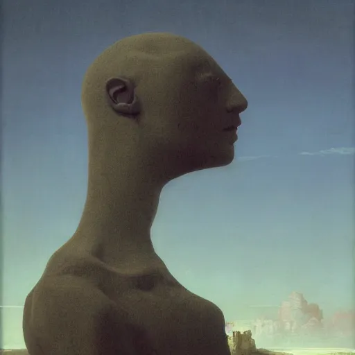 Image similar to hyperrealistic surrealism, David Friedrich, award winning masterpiece with incredible details, Zhang Kechun, a surreal vaporwave vaporwave vaporwave vaporwave vaporwave painting by Thomas Cole of a gigantic broken mannequin head sculpture in ruins, astronaut lost in liminal space, highly detailed, trending on ArtStation