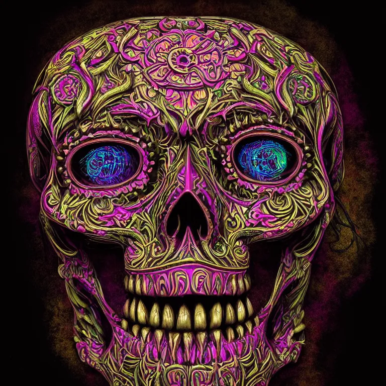 Image similar to a highly detailed photographic render of intricately carved sugar skull, psychedelic, black background, neon light, intricate ornament, gilding, horror, dark fantasy, beautifully lit, ray traced, octane 3D render in the style of Gerald Brom and James Gurney