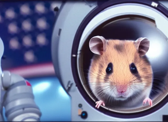 Image similar to film still of a hamster working for mission control at nasa, 8 k