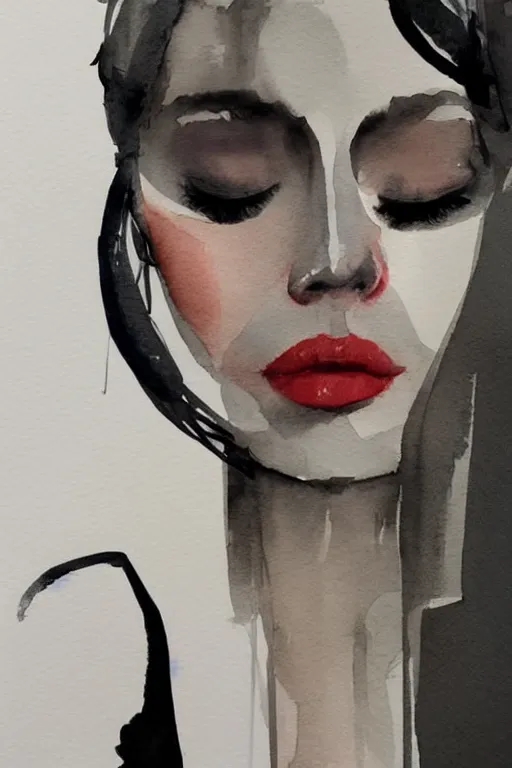 Prompt: beautiful face woman, symmetrical, grey, colorless and silent, watercolor portraits by Luke Rueda Studios and David downton