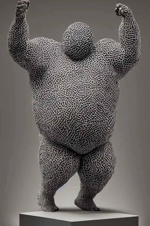 Image similar to human biomorphic mutated geometric biological structure made of skin and hair standing on two legs dancing a plinth, overweight, obese, distorted, highly detailed, hyper - realist sculpture