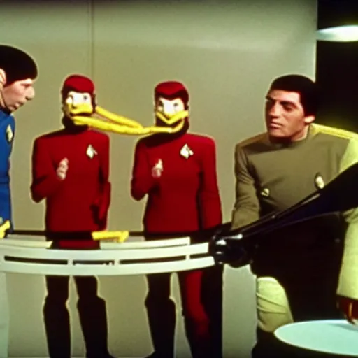 Image similar to anthropomorphic French Fries fighting star trek engineers, still from star trek