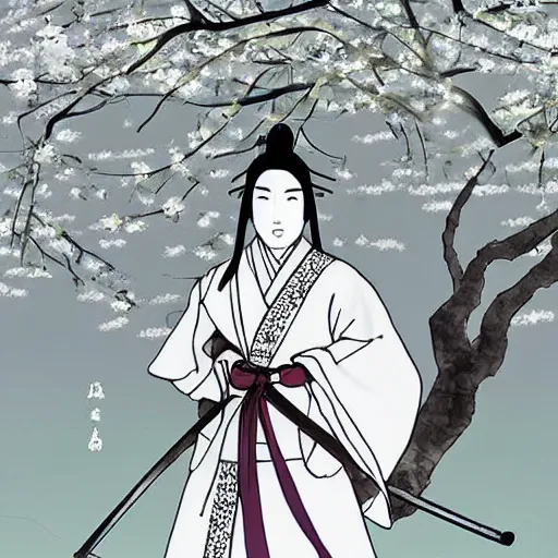 Image similar to a beautiful White cloaked Samurai Warrior with Sword Drawn in a garden of Cherry Blossom Trees :: Mystical, Magical, Supernatural :: by Tomomi Abe