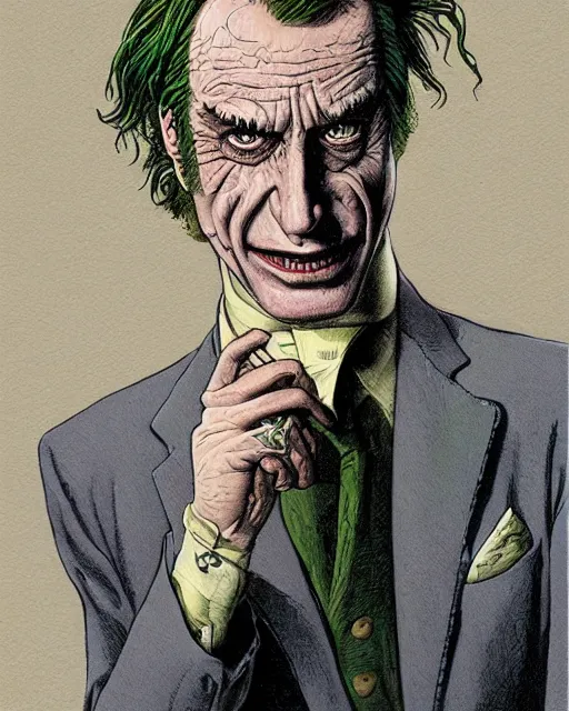 Image similar to portrait of saul goodman as the joker, illustration, art by neil gaiman and peter elson, bernie wrightson