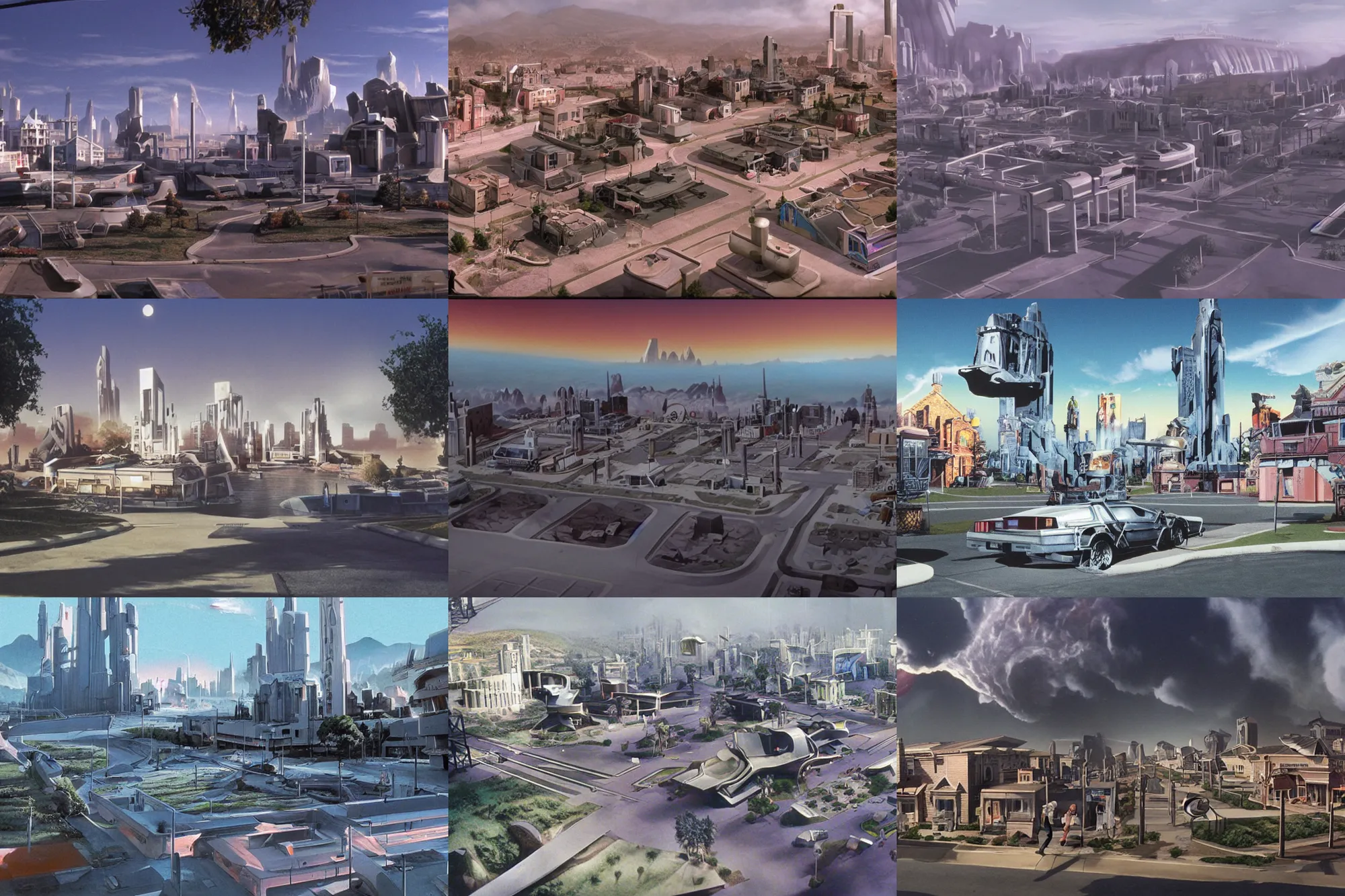 Prompt: the futuristic town from back to the future 2, matte painting