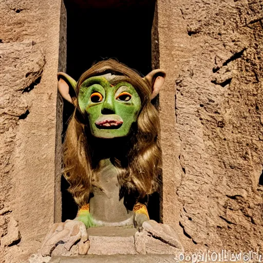 Prompt: a goblin with blonde long hair visiting Valle dei Templi, Agrigento, Italy