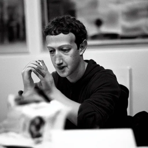 Prompt: Mark Zuckerberg trying and failing to appear human, candid photograph, Pulitzer Prize winning photo, journalistic photography, 35mm film