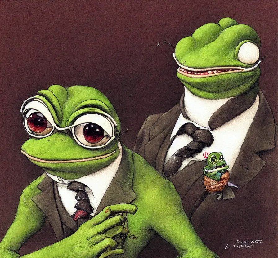 Image similar to pepe in business suit, by jean baptiste monge, acrilic paint