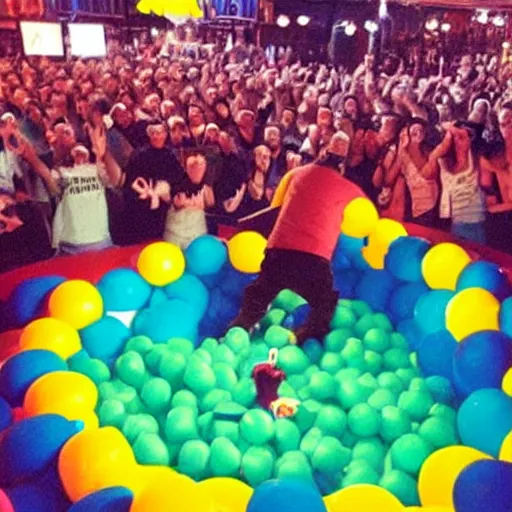 Image similar to photo of Limp Bizkit performing a concert in a McDonald's ball pit, 2002