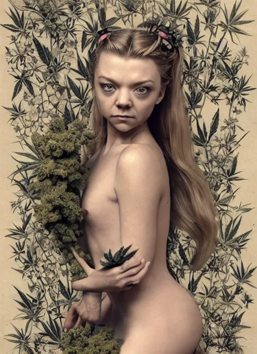 Image similar to natalie dormer wearing miniskirt made of marijuana with fox - tail, beautiful tattoos, focus, zeiss lens, detailed, symmetrical, centered, by nicoletta ceccoli, mark ryden, lostfish, earl nore, hyung tae, frank frazetta, breathtaking, 8 k resolution, extremely detailed, beautiful, artistic, hyperrealistic, award - winning photography