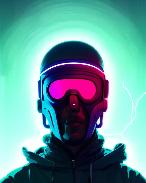 Prompt: cyberpunk synth, hyper - realistic detailed portrait of a man in a hoodie, with neon visor mask, dynamic pose, by atey ghailan, by greg rutkowski, by greg tocchini, by james gilleard, by joe fenton, by kaethe butcher, sharp focus