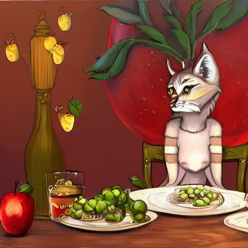 Prompt: a painting of an anthropomorphic lynx sitting at a table with apples, a character portrait by lois van baarle, furry art, speedpainting, furaffinity, tarot card, yoshitaka amano style