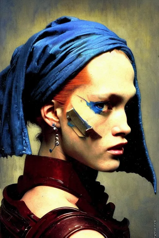 Image similar to full character portrait max mad cyberpunk warhammer 4 0 k, tech priest not the girl with the pearl earring character design, painting by gaston bussiere, katsuya terada, wyeth, greg rutkowski, craig mullins, ( ( ( ( ( vermeer ) ) ) ) ), frank frazetta, mucha, tom of finland, trending on artstation