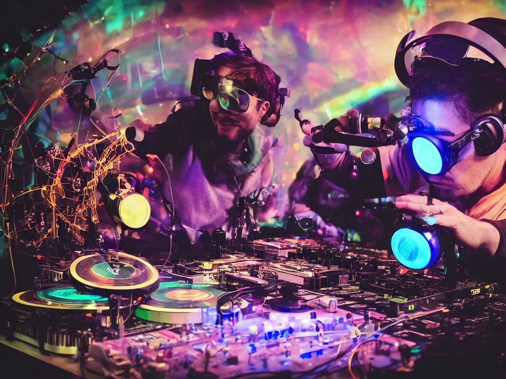 Image similar to a person wearing goggles and visor and headphones using a steampunk record player contraption, wires and tubes, turntablism dj scratching, intricate planetary gears, cinematic, imax, sharp focus, leds, bokeh, iridescent, black light, fog machine, hazy, lasers, hyper color digital art, cyberpunk