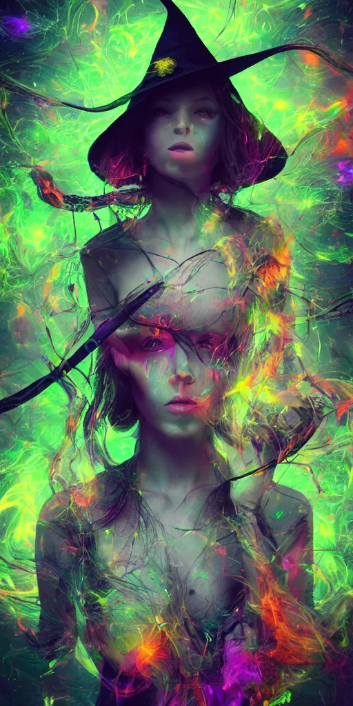 Prompt: impossibly beautiful witch using magic to hypnotize enemies, single head, full body, complexity, horror, psychedelic glitch art, rainbow drip paint, trending on art station, photoreal, 8k, octane render