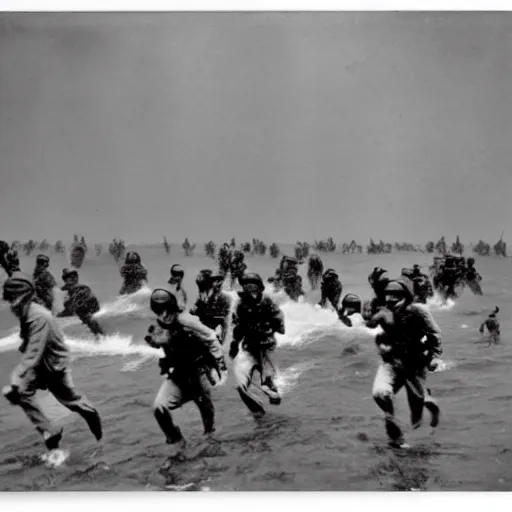 Image similar to the running soldiers in the sea in the d - day, by robert capa,